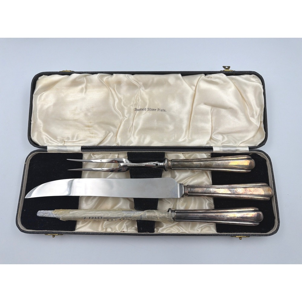 Lewis Rose Sheffield England Silver Plate 3pc Carving Set Vintage Stainless Case